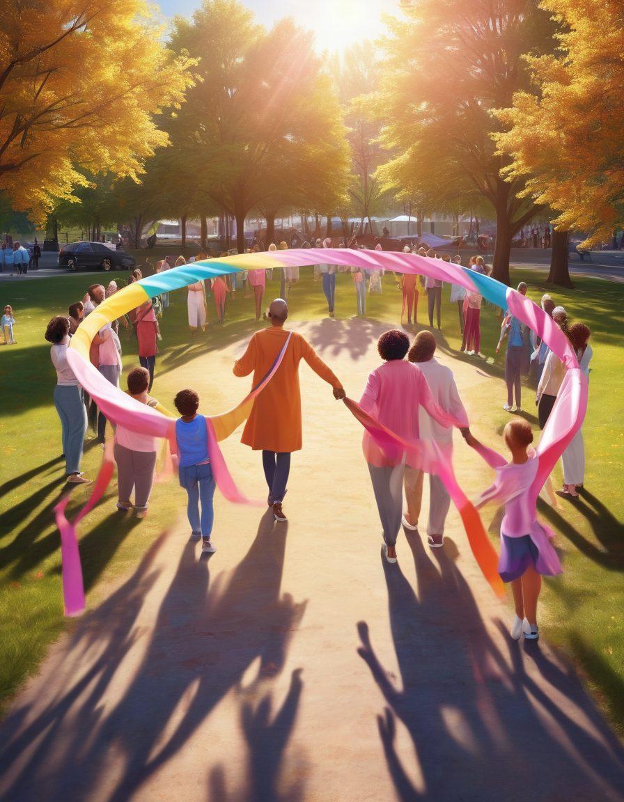 A diverse group of individuals gathered in a sunny park, symbolizing unity and strength, holding hands in a circle while colorful ribbons representing cancer awareness float around them. In the background, a modern community center with banners promoting survivor support and health services. The scene conveys warmth, hope, and solidarity. super-realistic. vibrant colors. natural setting.