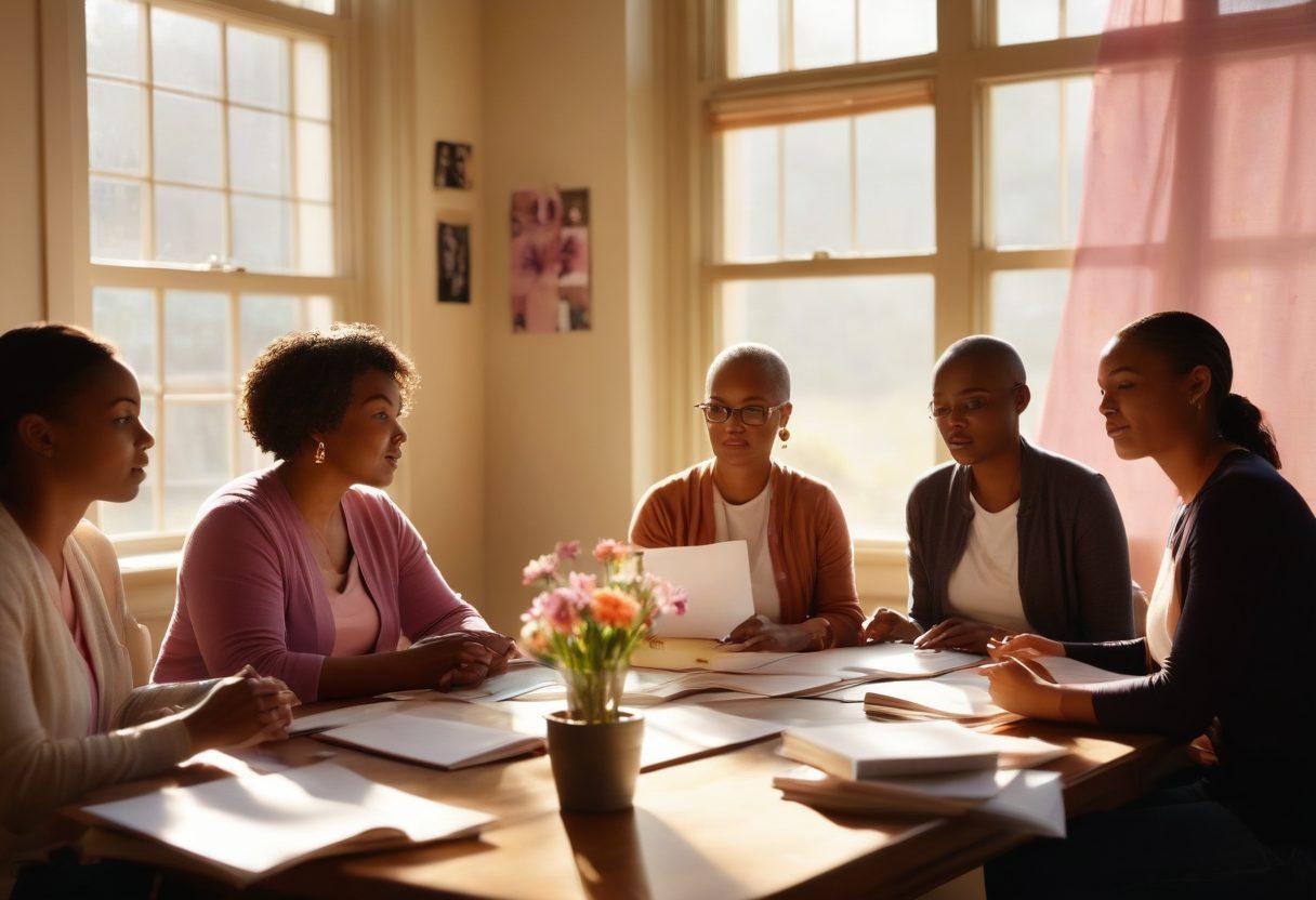 An inspiring scene depicting a group of diverse individuals engaging in a supportive education workshop, surrounded by books, laptops, and educational materials focusing on cancer survivorship. Subtle rays of sunlight stream through a window, symbolizing hope and empowerment. Include symbols of strength like ribbons and flowers subtly integrated into the background. warm colors with a soft focus. super-realistic. vibrant colors. natural lighting.